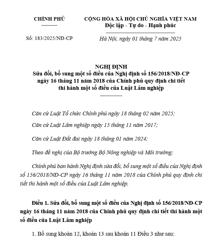 Nghị định 183/2025/NĐ-CP ngày 01 tháng 7 năm 2025 Sửa đổi, bổ sung một số điều của Nghị định số 156/2018/NĐ-CP ngày 16 tháng 11 năm 2018 của Chính phủ quy định chi tiết thi hành một số điều của Luật Lâm nghiệp